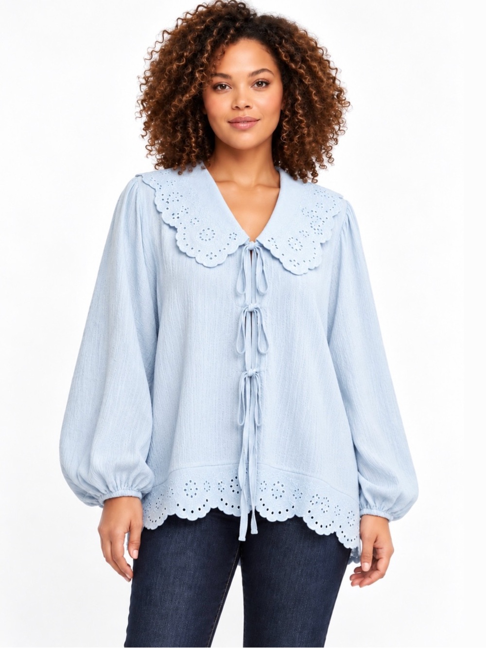 Adrianna Papell Blouse 2X Light Blue Eyelet Embroidered Tie Front Top NWT